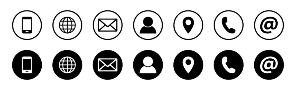 Visiting card icon set. Business card icons set. Set of contact us icons for web and website. Contact icons phone, call, location, globe, use for web and website.
