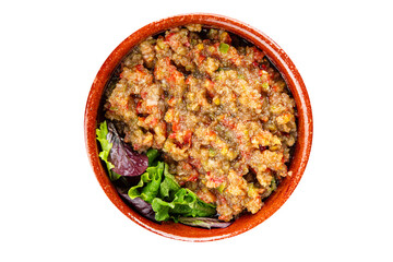 Eggplant dip aubergine salad Baba ganoush eggplant, tomato, onion vegetable dish fresh gourmet food background on table rustic food top view copy spac