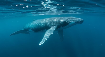 Humpback Whale Swimming Underwater in Deep Blue Ocean Peaceful Nature Scene