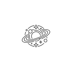Minimalist Planet Icon: Black & White Outline with Stars