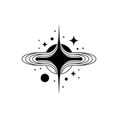 Retro Space Logo: Black Starburst & Celestial Elements, Vector Graphic