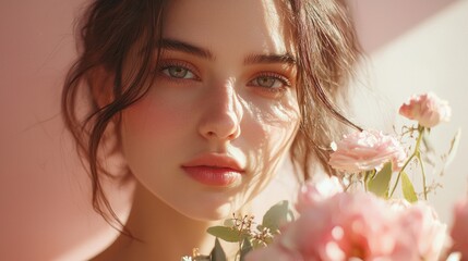 Naklejka premium A young woman gazes softly at the viewer, her delicate features illuminated by warm sunlight. Surrounded by blooming pink roses, she embodies beauty and serenity in an exquisite moment of tranquility