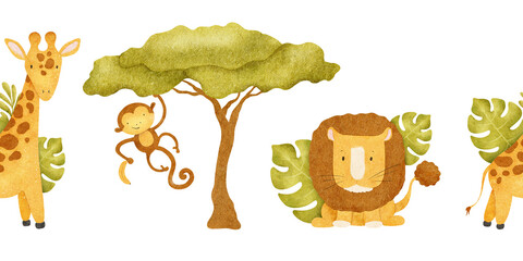 Jungle animals like lion, monkeys,giraffe, tropical trees and leaves. Isolated hand drawn watercolor seamless border. Lane background of safari friends for children's baby shower, kid's rooms, textile