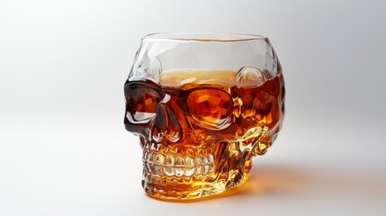 Skull-shaped glass filled with amber liquid against white background. (1)