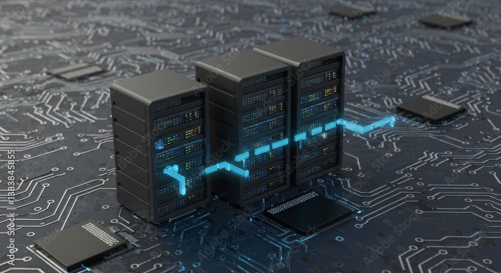Poster data blocks transferring on futuristic circuit board - futuristic data transfer, server technology, 