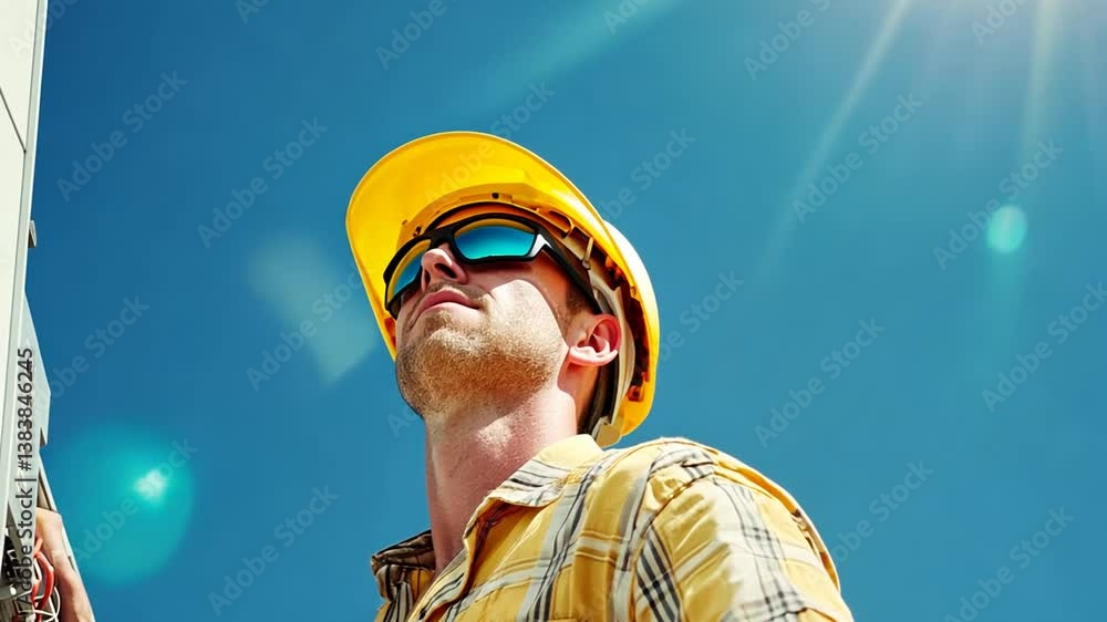 Poster electrician installing wires in fuse switch box under bright sun generative ai