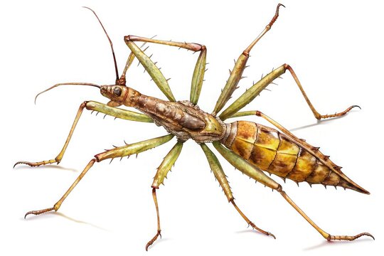 a realistic stick insect it slong body and limb with white background