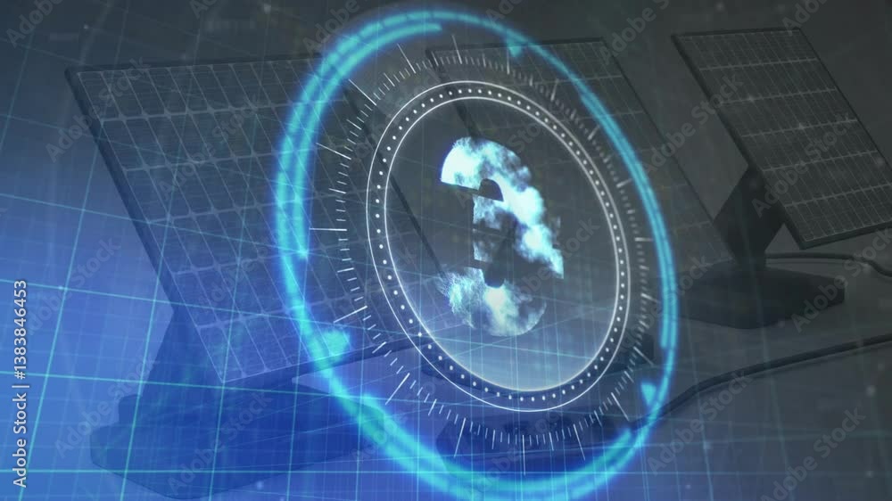 Poster animation of cloud computing symbol over solar panels in futuristic interface