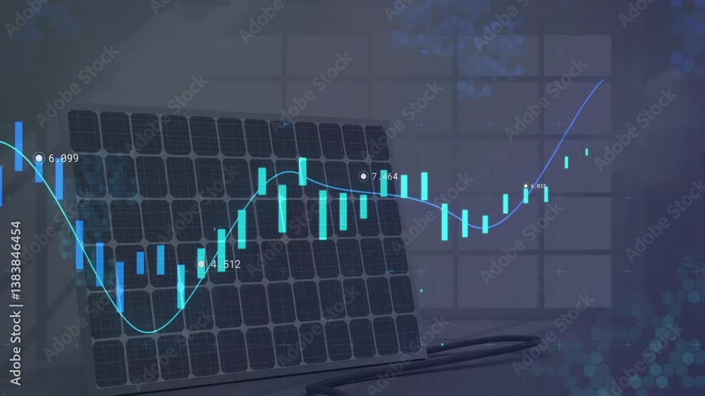 Poster solar panel with financial graph animation showing fluctuating data trends