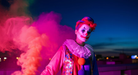 Fototapeta premium Colorful clown in costume with vibrant smoke at twilight rooftop setting