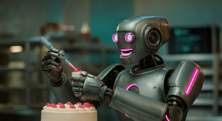 Friendly robot baking cake with precision in modern kitchen environment