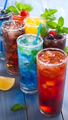 Refreshing Summer Fruit Drinks Collection On Blue Wood
