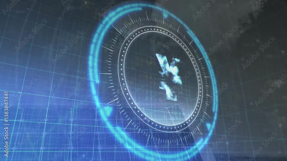 Aufkleber blue holographic elements rotating on futuristic digital interface with grid background
