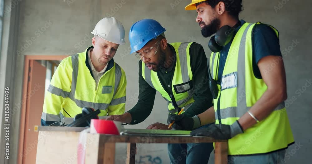 Poster engineering, teamwork and blueprints with people on construction site for building, architecture ind