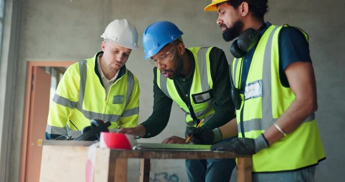 Engineering, teamwork and blueprints with people on construction site for building, architecture industry and planning. Infrastructure, maintenance and estate with contractor for property development