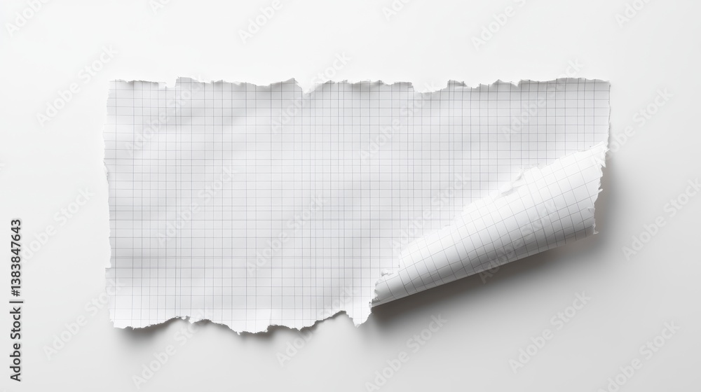 Poster torn piece of graph paper with curled corner on white background.