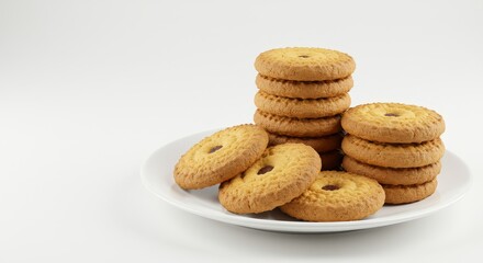 Delicious Round Cookies on White Plate - A stack of round cookies sits on a white plate against a white background. Perfect for food blogs and baking websites