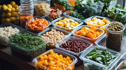 Obraz premium Assortment of fresh vegetables and legumes in clear containers on a wooden surface preparation display