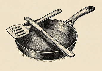 Frying pan spatula kitchen utensil illustration cooking equipment art