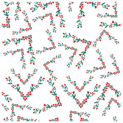 Repeat square print pattern with red berries and green leaves forming chevron shape on a white background, it could be used as a wallpaper, fabric design, pillow cover, curtains and bag design