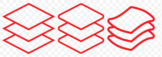 Fototapeta premium Red Layer icon. Logo of stack. Layer icons for paper, carpet, floor and level. 3 layers. Pictogram symbols for architecture. Design technology. Depth of tiers. Vector. EPS 10.