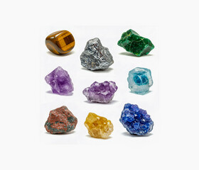 Captivating collection of natural minerals and crystals isolated on white background.