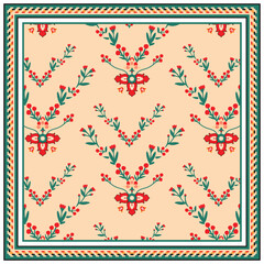Ornate square print scarf, floral pattern with red and green motifs on a beige background, framed by a geometric border, it could be used as a wallpaper, fabric design, pillow cover and bandana.