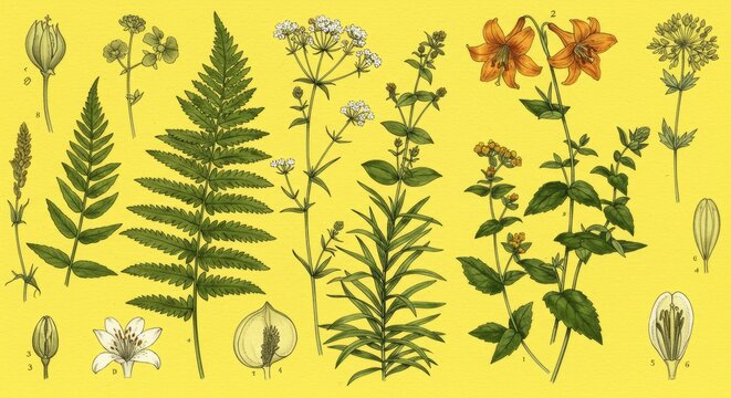 Detailed Botanical Illustration of Various Plants - A vibrant illustration showcasing diverse botanical specimens, symbolizing growth, nature, detail, science, and beauty