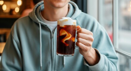 Young adult holding iced coffee in caf?