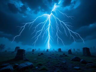 "A mysterious blue lightning storm over an ancient battlefield, spirits rising from the ground"