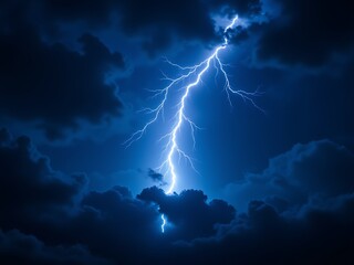 "An electric blue lightning bolt cutting through pitch black clouds"