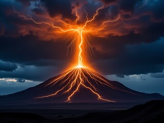 "A volcanic eruption combined with a thunderstorm, lightning bolts dancing in the ash cloud"