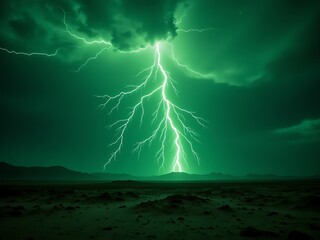 "A green lightning storm above an alien landscape, flashing in unnatural patterns"