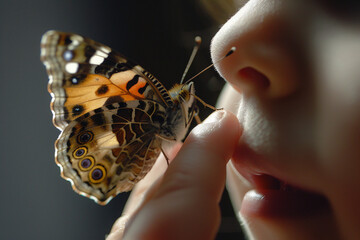 A butterfly landing on a child’s fingertip, soft focus, large negative space.