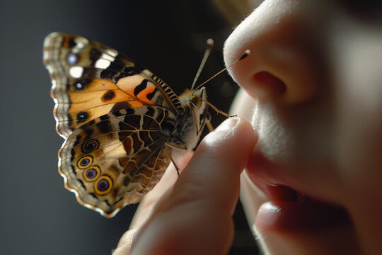 A butterfly landing on a child’s fingertip, soft focus, large negative space.