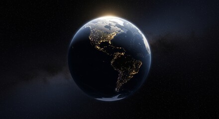 Fototapeta premium Earth at Night from Space - Stunning view of Earth at night, showcasing city lights across the Americas. Perfect for environmental or global themes