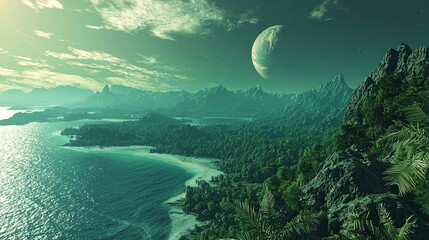 High-resolution Long exposure Panorama of a habitable exoplanet with lush foliage - Ultra wide screen wallpaper