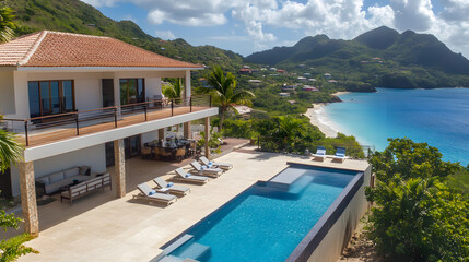 Fototapeta premium A spacious and modern beachfront villa with unobstructed views of the ocean, an infinity pool, and a large terrace perfect for outdoor dining and relaxation.
