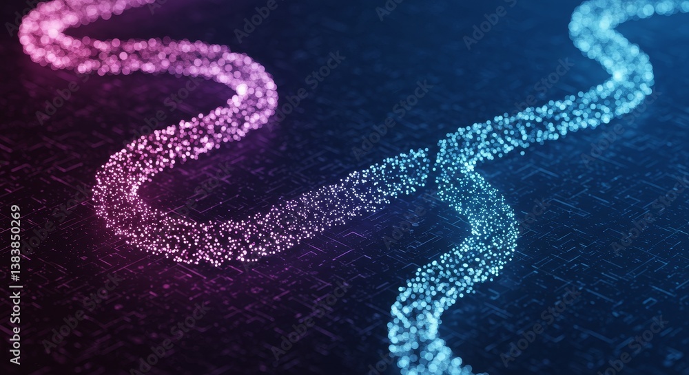 Poster ecosystem: glowing decentralized transactions - abstract symbolizing data flow, network connections,