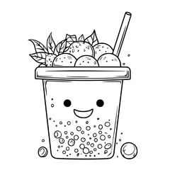 Bubble tea with smiling face coloring book vector art, Bubble tea with smiling face vector illustration