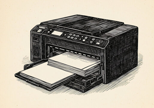 recommend clip art: Ink sketch illustration of a printer with paper for office printing