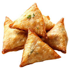 Golden-brown samosas, a tempting pile of crispy fried pastries, inviting a delightful savory snack, glistening with herbs.