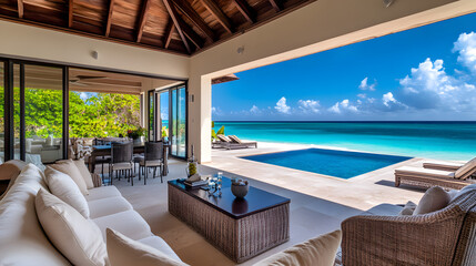 Fototapeta premium A stunning beachfront villa with floor-to-ceiling windows, infinity pool, and sweeping views of the blue ocean and golden sands, ideal for a luxury vacation.