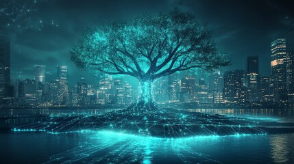 Glowing tree in futuristic city at night.