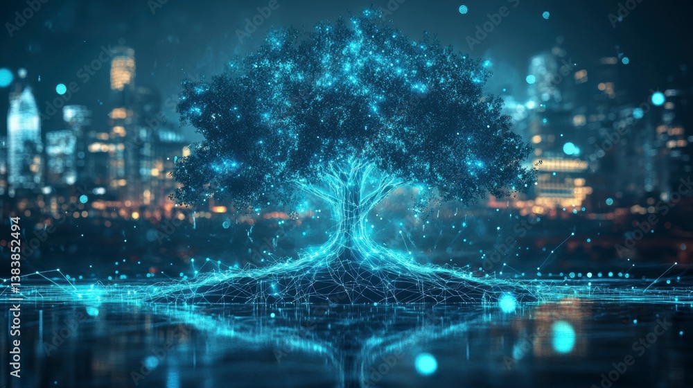 Poster glowing digital tree with interconnected roots in futuristic city.