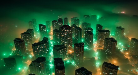 Naklejka premium Emerald City Nightscape - Aerial view of a city shrouded in green fog at night, with illuminated buildings and streets
