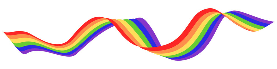 LGBT Pride month banner. Rainbow Flag wavy ribbon vector design element isolated on transparent background with copy space.