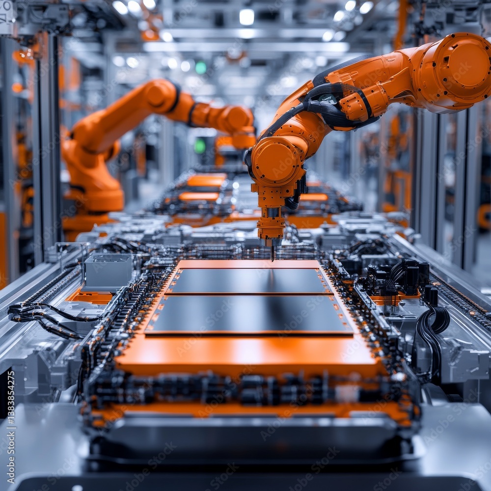 Poster Automated Battery Assembly: Robotic Arms Precision Manufacturing Advanced Technology in a Modern Factory Setting 