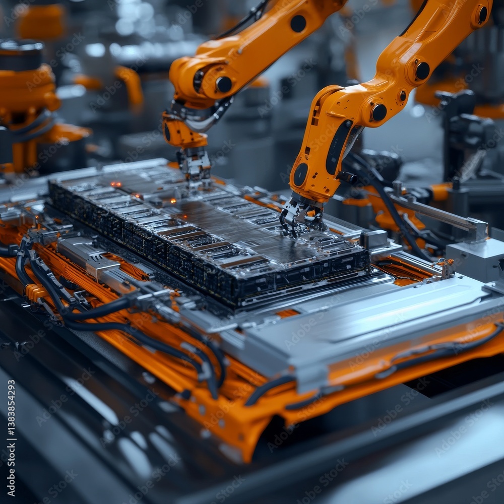 Poster Automated robotic arms precisely assemble an electric vehicle battery pack in a modern, high-tech automotive factory.
