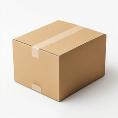 Cardboard Box Sealed with Tape on White Background: A Brown Parcel Ready for Shipping or Storage.